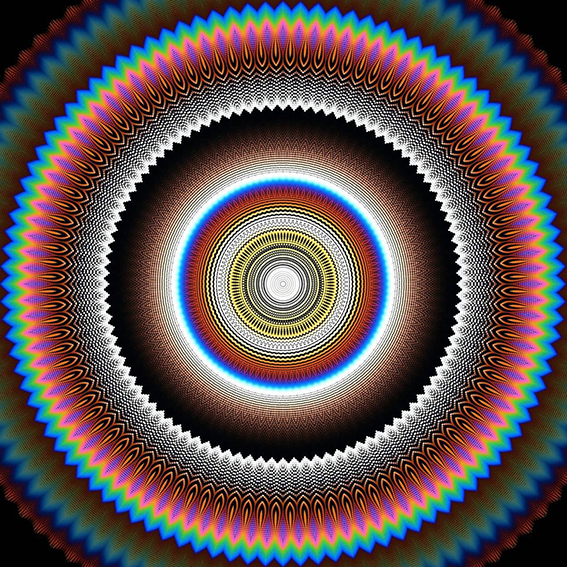 Ilustración circular psicodélica con efecto de profundidad y combinacion de una gran gama cromática.